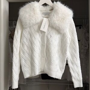 PLUSH COLLAR Pure White Textured Boutique Faux Fur Cardigan Sweater MEDIUM